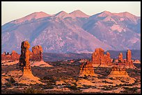 Sandstone pillars and La Sal Mountains. Arches National Park, Utah, USA. (color)