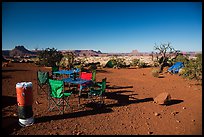 Backcountry camp chairs and tables, Standing Rocks campground. Canyonlands National Park, Utah, USA. (color)