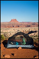 Camp overlooking the Maze. Canyonlands National Park, Utah, USA. (color)