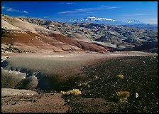 Bentonite hills and Henry Mountains. Capitol Reef National Park, Utah, USA. (color)