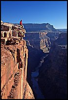 Visitor sitting on  edge of  Grand Canyon, Toroweap. Grand Canyon National Park, Arizona, USA. (color)