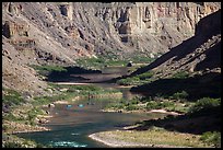 Rafts on meanders of the Colorado River at Nankoweap. Grand Canyon National Park, Arizona, USA.