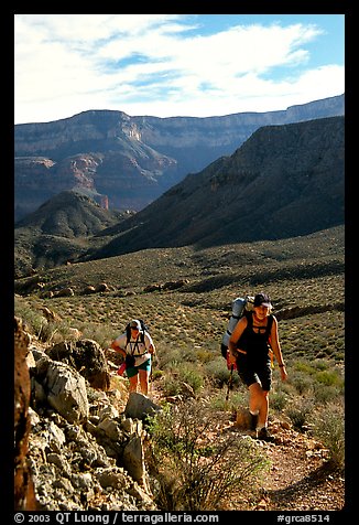 Backpackers in Surprise Valley, Thunder River and Deer Creek trail. Grand Canyon National Park, Arizona, USA.