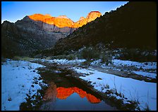 Snowy Pine Creek and Towers of the Virgin, sunrise. Zion National Park, Utah, USA.