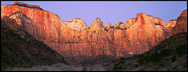 Towers of the Virgin cliffs at dawn. Zion National Park (Panoramic color)
