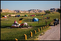 Motorcyle camping. Badlands National Park, South Dakota, USA.