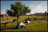Campground and badlands. Badlands National Park, South Dakota, USA.