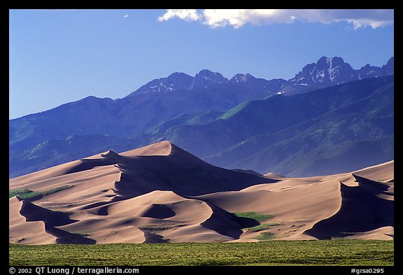Distant view of Dunes and Crestone Peaks in late afternoon. Great Sand Dunes National Park and Preserve, Colorado, USA.
