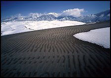 Ripples in partly snow-covered sand dunes. Great Sand Dunes National Park and Preserve, Colorado, USA.