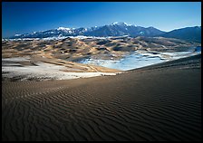 Rippled dunes and Sangre de Christo mountains in winter. Great Sand Dunes National Park and Preserve, Colorado, USA.