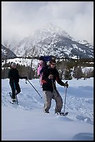 Couple snowshowing with baby. Grand Teton National Park, Wyoming, USA. (color)
