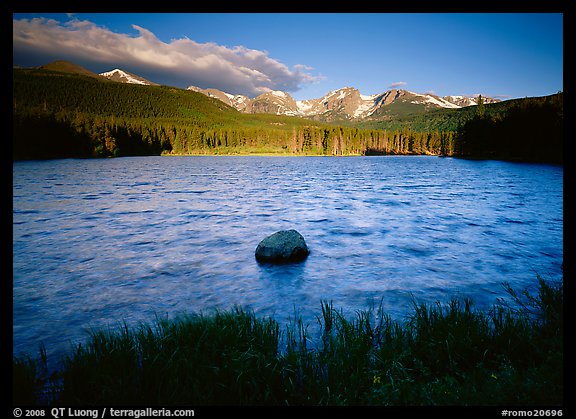 Rippled water in Sprague Lake, and snowy mountain range. Rocky Mountain National Park (color)
