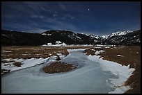 Frozen stream, Moraine Park at night. Rocky Mountain National Park, Colorado, USA. (color)