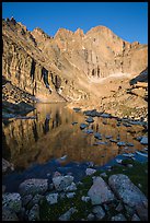 Longs Peak Diamond rises above Longs Peak at sunrise. Rocky Mountain National Park, Colorado, USA. (color)