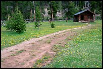 Path and historic cabin at Never Summer Ranch. Rocky Mountain National Park, Colorado, USA. (color)