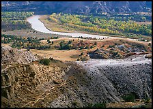Little Missouri river and badlands at River bend in autumn. Theodore Roosevelt National Park, North Dakota, USA.