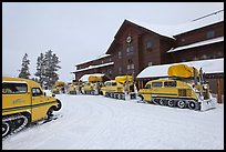 Winter Snowcoaches in front of Old Faithful Snow Lodge. Yellowstone National Park, Wyoming, USA. (color)