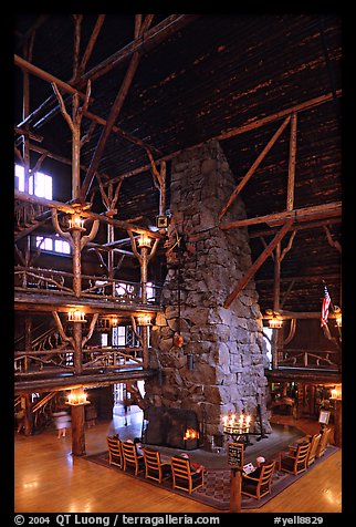Chimney in main hall of Old Faithful Inn. Yellowstone National Park, Wyoming, USA.