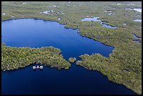 Aerial view of lake with elevated camping platforms (chickees). Everglades National Park, Florida, USA. (color)