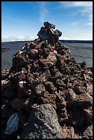Mauna Loa summit cairn festoned with ritual offerings. Hawaii Volcanoes National Park, Hawaii, USA. (color)
