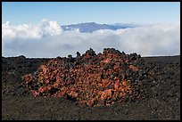 Black of colorful lava on Mauna Loa, Mauna Kea emerging from Saddle clouds. Hawaii Volcanoes National Park ( color)