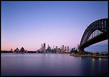 Harbor Bridge, skyline, and Opera House, dawn. Sydney, New South Wales, Australia ( color)
