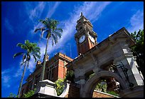 South Brisbane Town Hall, a red brick building with an ornate clock tower and archway. Brisbane, Queensland, Australia (color)