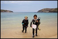 Scuba divers walking out of the water, Hanauma Bay. Oahu island, Hawaii, USA