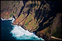 Aerial view of fluted mountains and surf, Na Pali Coast. Kauai island, Hawaii, USA (color)