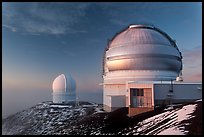 Recent snow and telescopes at sunset. Mauna Kea, Big Island, Hawaii, USA ( color)