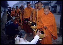 Women give alm during morning procession of buddhist monks. Luang Prabang, Laos (color)