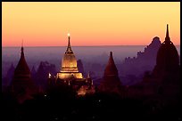 Illuminated pahto, sunrise. Bagan, Myanmar