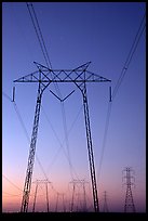 High voltage power lines at sunset. California, USA