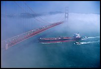 Tanker ship cruising under the Golden Gate Bridge in the fog. San Francisco, California, USA ( color)