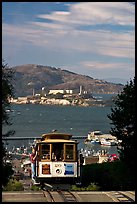 Cable car and Alcatraz Island, late afternoon. San Francisco, California, USA