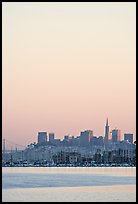 Sausalito houseboats and San Francisco skyline, sunset. San Francisco, California, USA