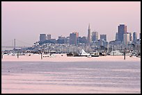 Alcatraz Island and Bay Bridge, painted in pink hues at sunset. San Francisco, California, USA ( color)
