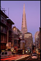 Chinatown street and Transamerica Pyramid, dusk. San Francisco, California, USA (color)