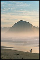 Women walking dog on the beach, with Morro Rock behind. Morro Bay, USA ( color)