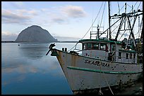 Baat with rusted hull and Morro Rock. Morro Bay, USA ( color)