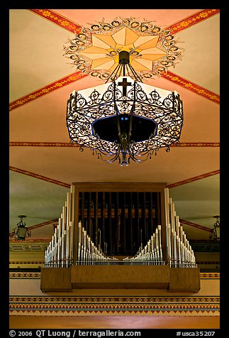 Organ and lamp, Mission Santa Clara de Asis. Santa Clara,  California, USA (color)