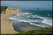 Beach and kite surfers from above, Scott Creek Beach. California, USA (color)