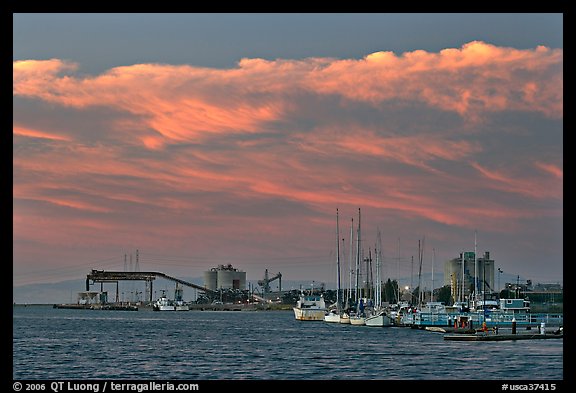 Yachts and industrial installations, port of Redwood, sunset. Redwood City,  California, USA (color)