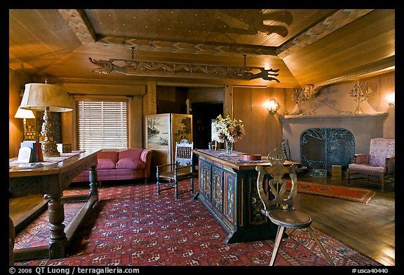 Living room, Vikingsholm castle, Lake Tahoe, California. USA (color)