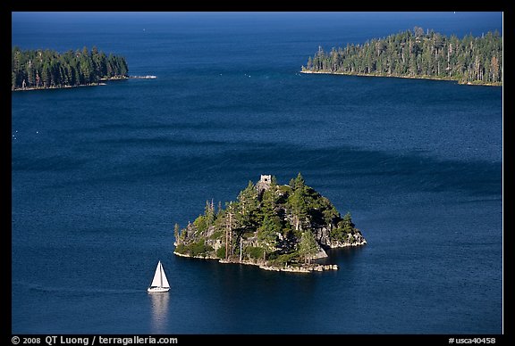 Mouth of Emerald Bay, Fannette Island, and sailboat, Lake Tahoe, California. USA (color)