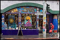 Rainny sidewalk and store with psychadelic colors. San Francisco, California, USA (color)
