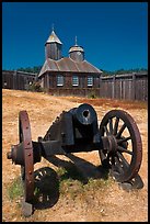 Cannon and Russian chapel inside Fort Ross. Sonoma Coast, California, USA (color)
