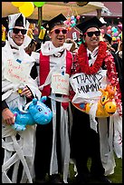 Students dressed up in creative costumes giving thanks to parents. Stanford University, California, USA (color)