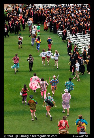 Band members run at the end of commencement ceremony. Stanford University, California, USA