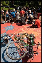 Bicycles and food line, Peoples Park. Berkeley, California, USA ( color)